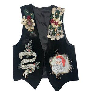 Vtg Hand Painted Christmas Vest Santa Claus Brooch Applique Romantic Floral Sz L